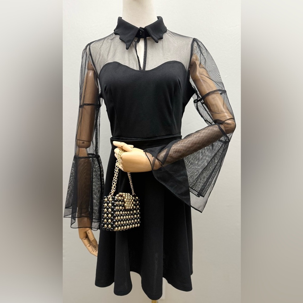 Black Sheer Mesh Collar Dress Women Size M Polyester Spandex Fit & Flare - Picture 3 of 14